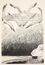 Les quatre djinns aux ailes de mouette soulevant le palais de Suleiman-bin-Daoud juste après que le papillon ait frappé du pied, illustration de 